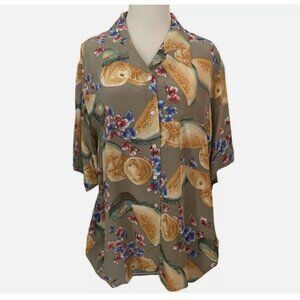J. McLaughlin for Sanyo Silk Blouse Women Size 4 Tropical Fruit Print Kiwi Orang